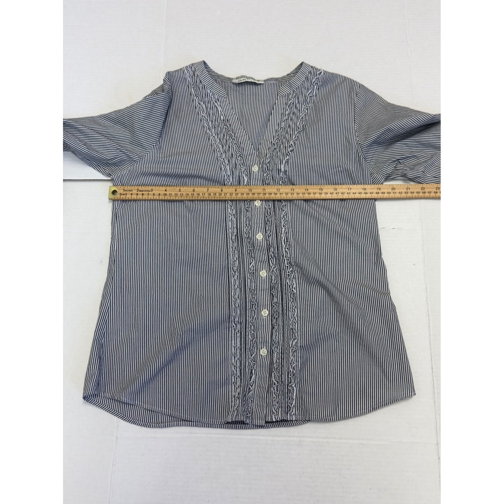 Orvis Pinstripe Ruffle Trim Button Up‎ Blouse Navy Blue White 12 Coastal Grandma - Picture 5 of 6